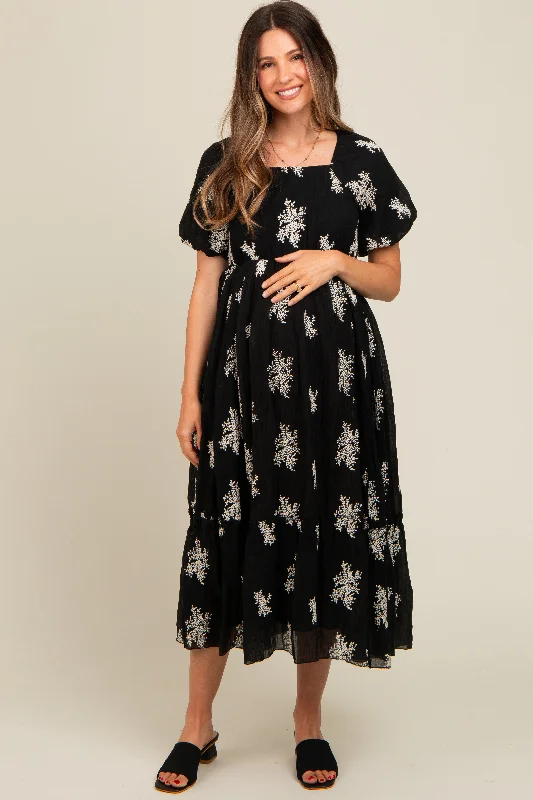 Women's midi dress net chic -Black Floral Print Ruffle Hem Maternity Midi Dress