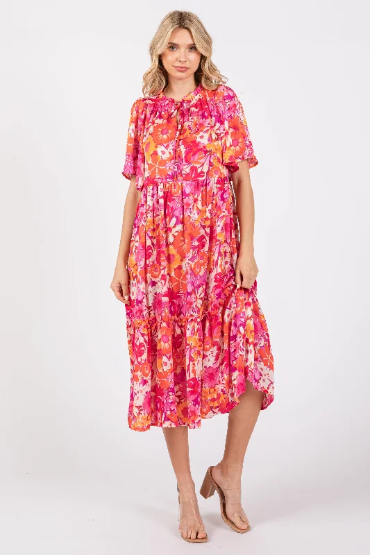 Women's midi dress cheer pop -Pink Floral Satin Ruffle Short Flutter Sleeve Midi Dress