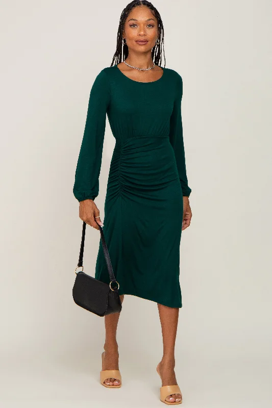 Women's midi dress field chic -Hunter Green Long Sleeve Ruched Midi Dress