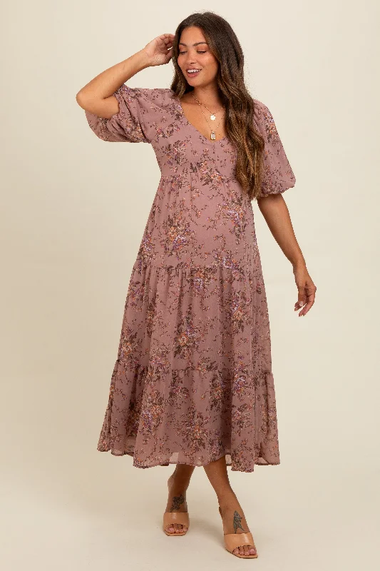 Women's floral dress dip chic -Mauve Floral Tiered Puff Sleeve Maternity Maxi Dress