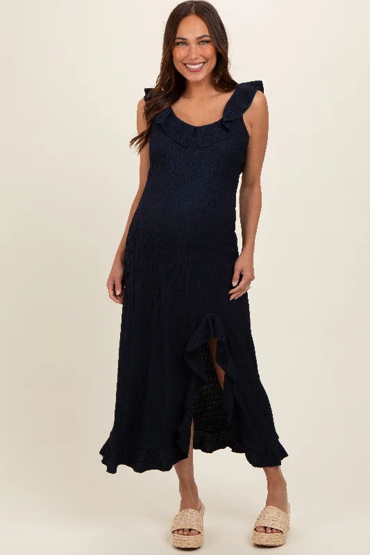 Women's floral dress shine flair -Navy Textured Sleeveless Ruffle Slit Maternity Maxi Dress