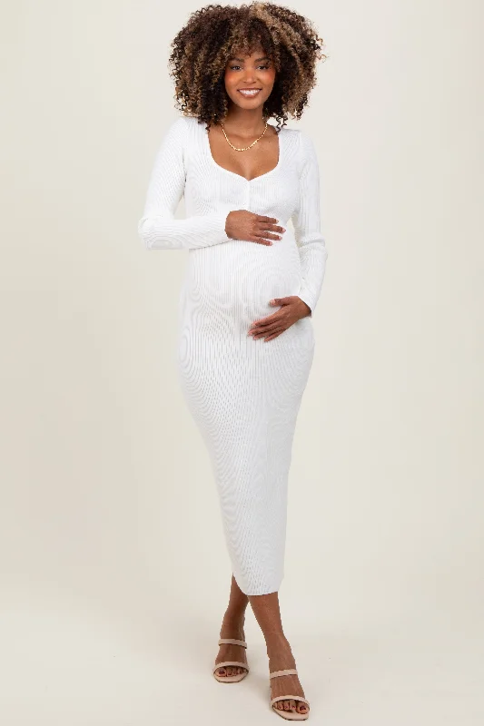 Women's midi dress craft flair -White Henley Ribbed Maternity Midi Sweater Dress