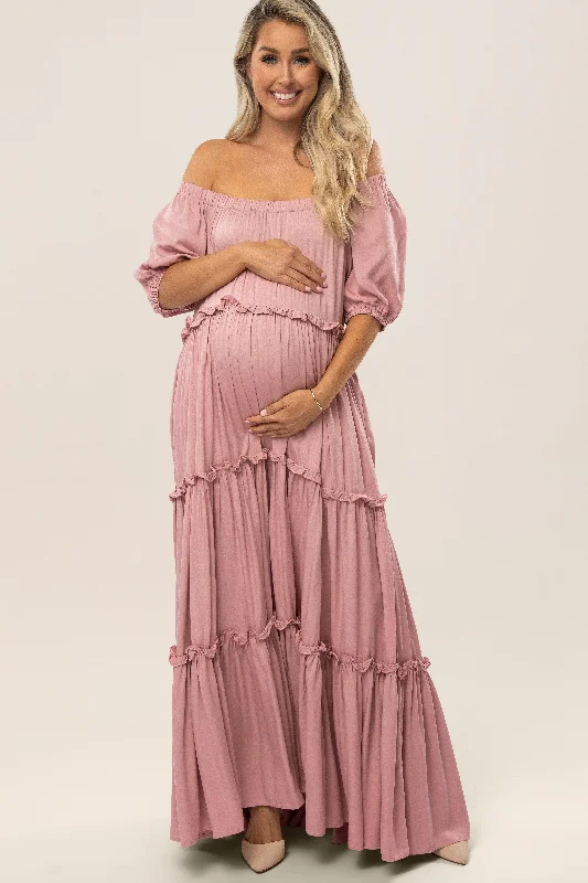 Women's floral dress brew flair -Mauve Off Shoulder Ruffle Tiered Maternity Maxi Dress