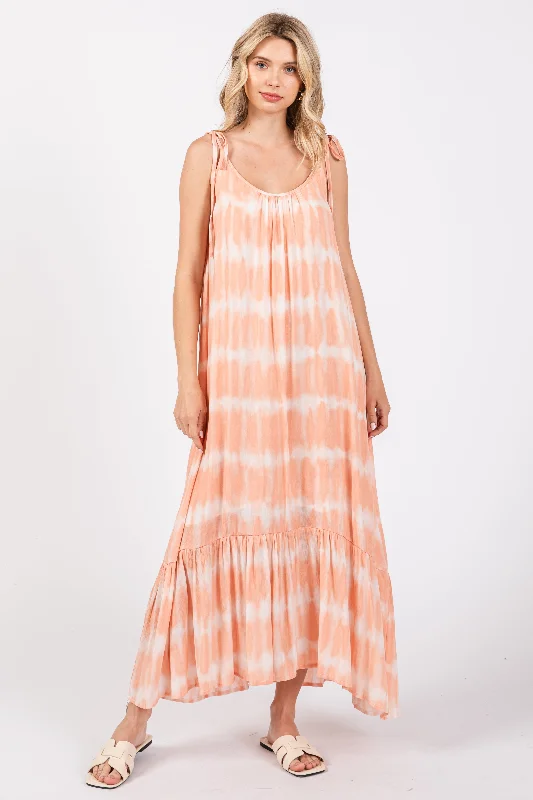 Women's midi dress wet flair -Peach Tie Dye Tie Strap Midi Dress