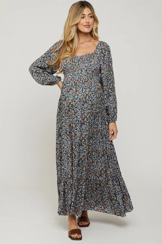 Women's floral dress bloom chic -Navy Floral Long Sleeve Maternity Maxi Dress