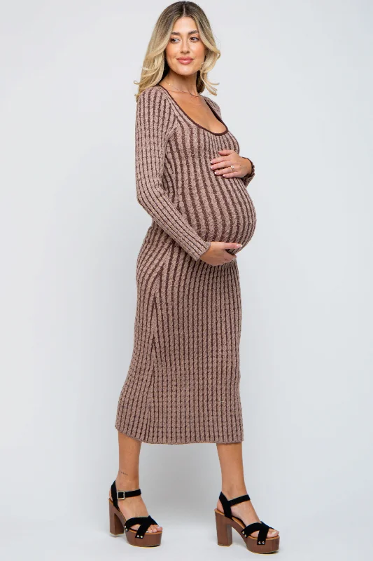 Women's midi dress stark pop -Brown Cable Knit Maternity Fitted Midi Dress