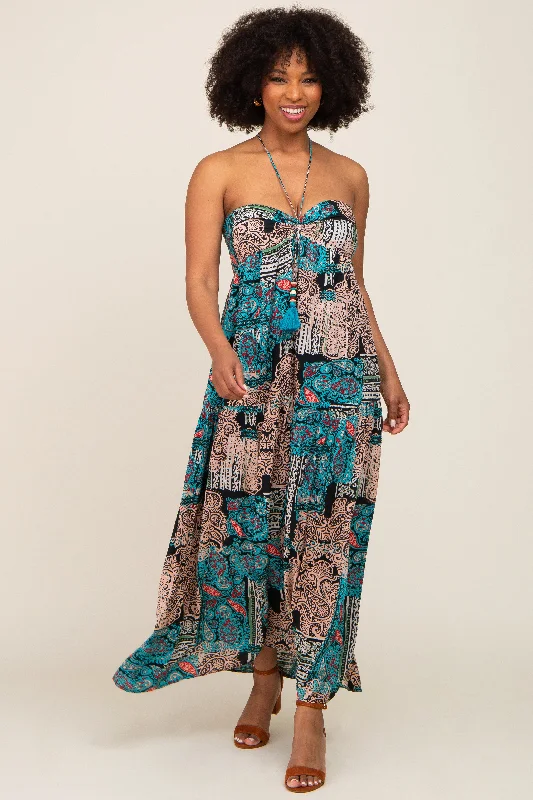 Women's floral dress reef pop -Teal Printed Halter Tassel Front Tie Maxi Dress