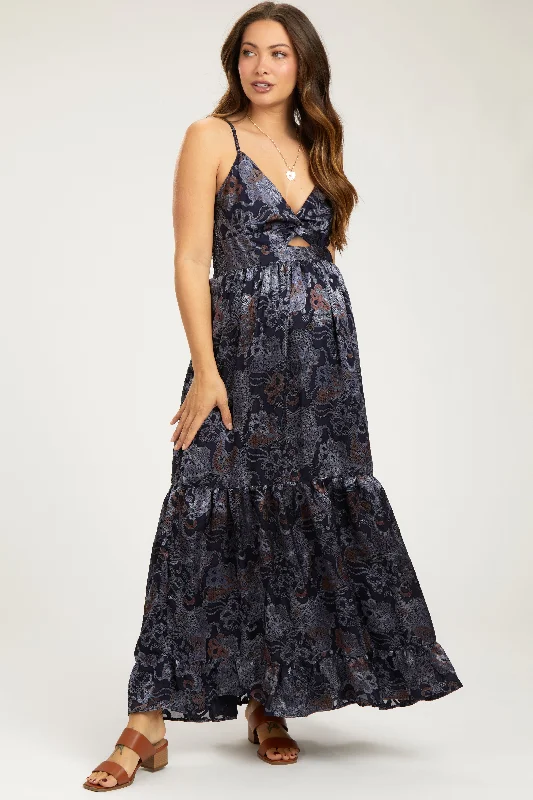 Women's floral dress rush bloom -Navy Printed Front Twist Maternity Maxi Dress