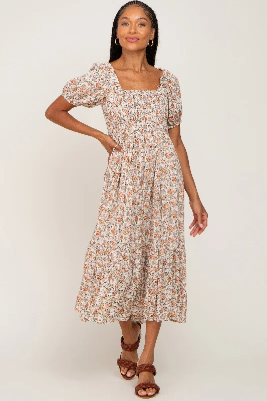 Women's midi dress joy flair -Taupe Floral Smocked Puff Sleeve Midi Dress