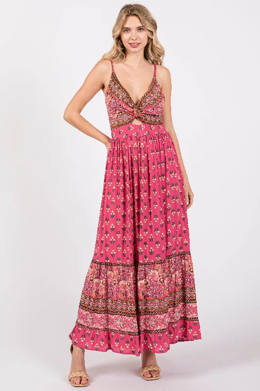 Women's floral dress fog bloom -Fuchsia Floral Cutout Maxi Dress