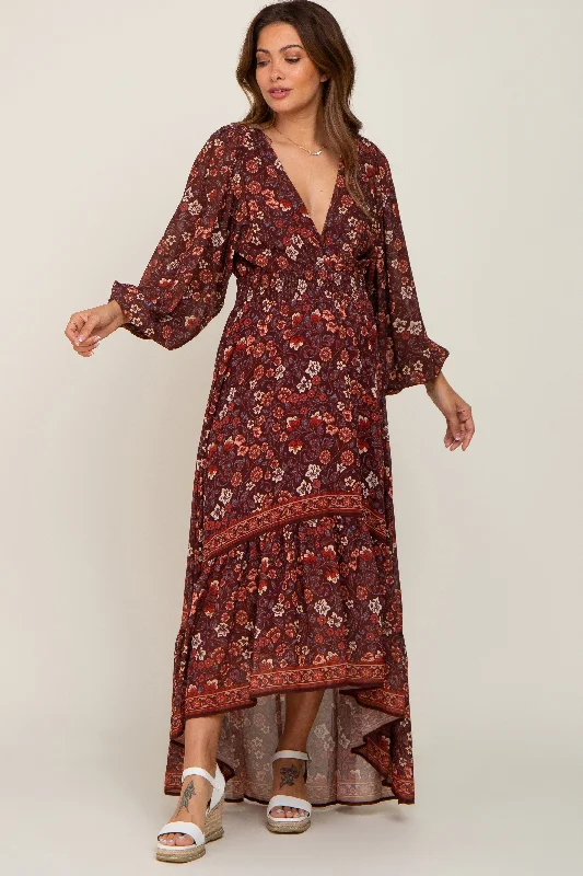 Women's floral dress pure glow -Brown Floral Hi-Lo Train Maternity Maxi Dress