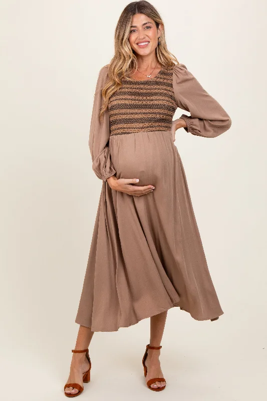 Women's floral dress break glow -Mocha Contrast Knit Bodice Maternity Maxi Dress