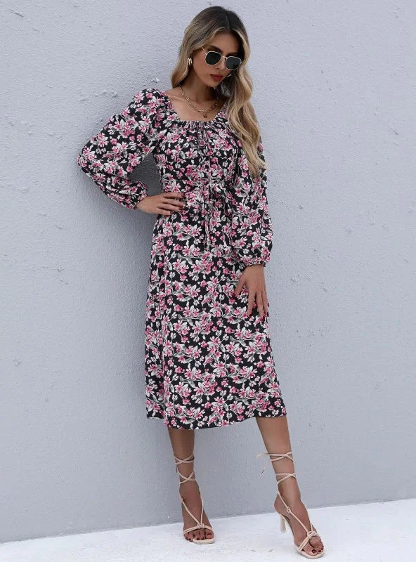 ladies-floral-dress-daisy-dusk-TastyHottie - LONG SLEEVE FLORAL SQUARE COLLAR PLEATED DRESS