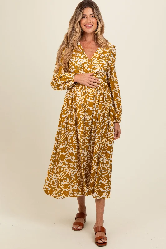 Women's midi dress wild flair -Gold Abstract Floral Gathered Front Maternity Midi Dress