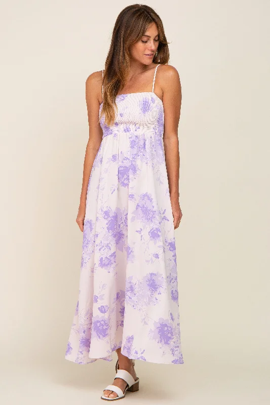 Women's floral dress hush chic -Lavender Floral Sleeveless Smocked Maxi Dress