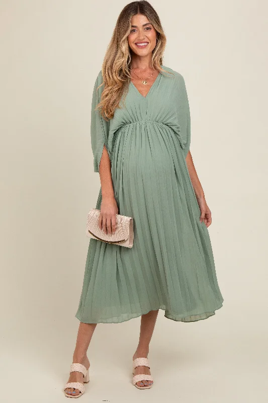 Women's floral dress warm bloom -Light Olive Pleated V Neck Maternity Maxi Dress