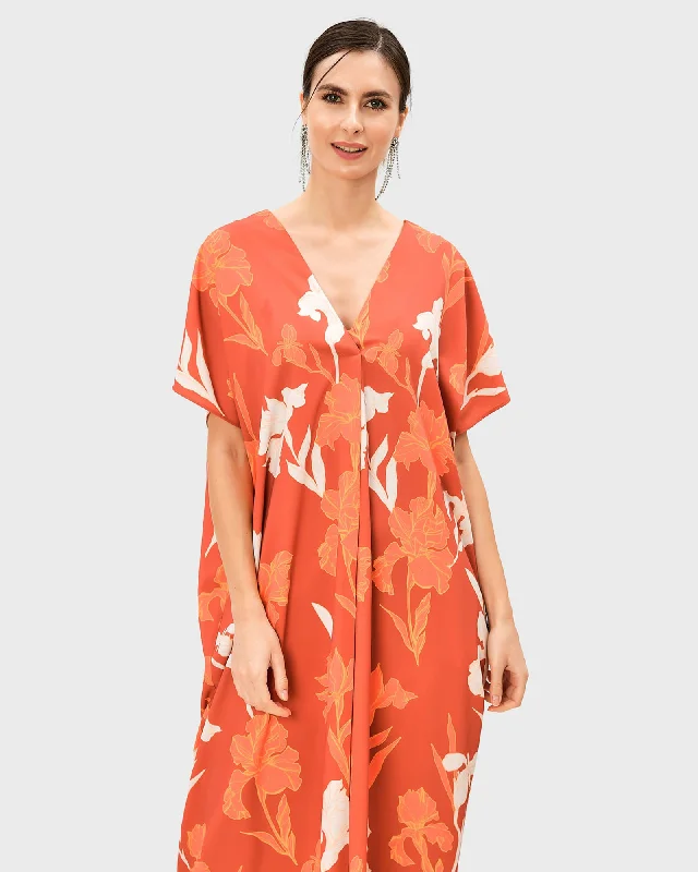 ladies-floral-dress-swingy-sprig-Tropical Floral Print Crepe Kaftan | Coral