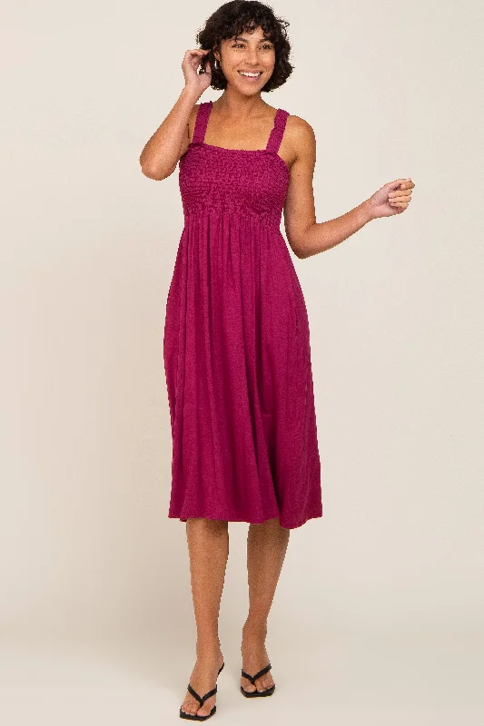 Women's midi dress small flair -Magenta Smocked Ruffle Strap Midi Dress