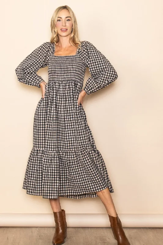 Women's midi dress drop pop -Black Gingham Long Sleeve Midi Dress