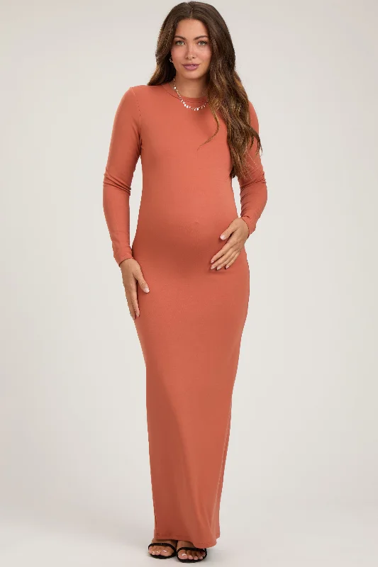 Women's floral dress egg glow -Rust Long Sleeve Fitted Maternity Maxi Dress