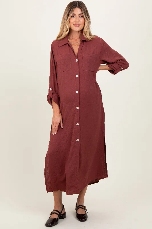 Women's floral dress snug chic -Rust Long Sleeve Button Down Maternity Maxi Dress