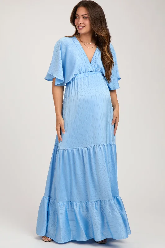 Women's floral dress past flair -Light Blue V-Neck Flutter Sleeve Tiered Maternity Maxi Dress