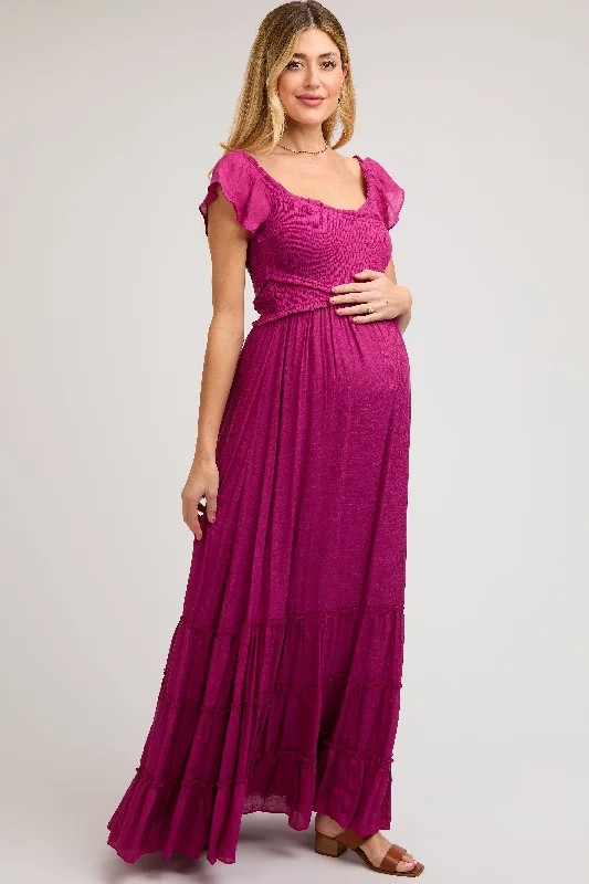 Women's floral dress rest flair -Violet Smocked Crossover Off Shoulder Maternity Maxi Dress