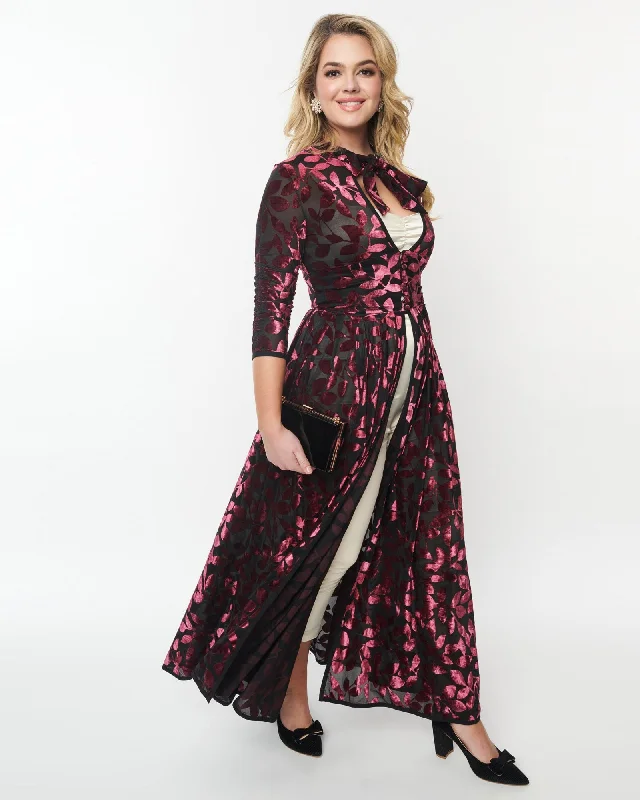 ladies-floral-dress-ochre-opulence-Unique Vintage Burgundy Velvet Burnout Floral Tallullah Duster | Burgundy Floral