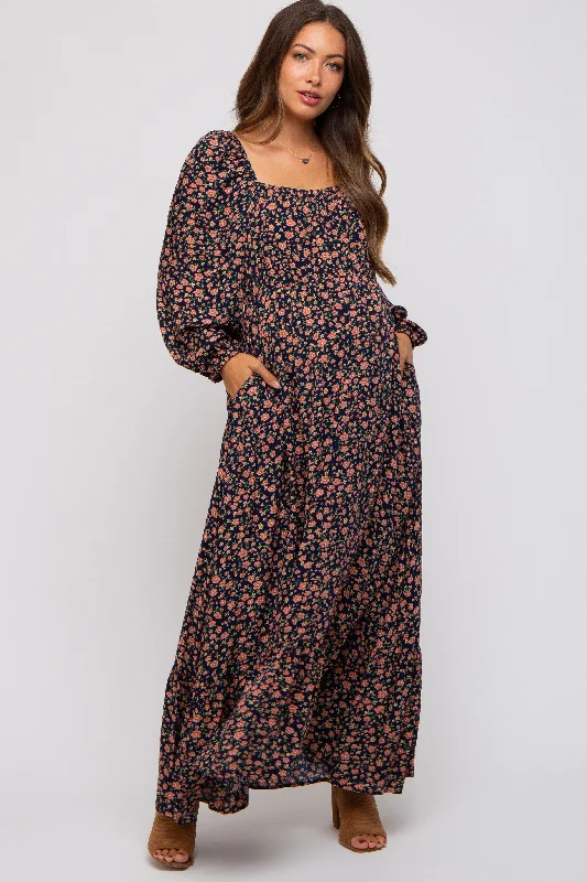 Women's floral dress free pop -Navy Blue Floral Square Neck Ruffle Maternity Maxi Dress