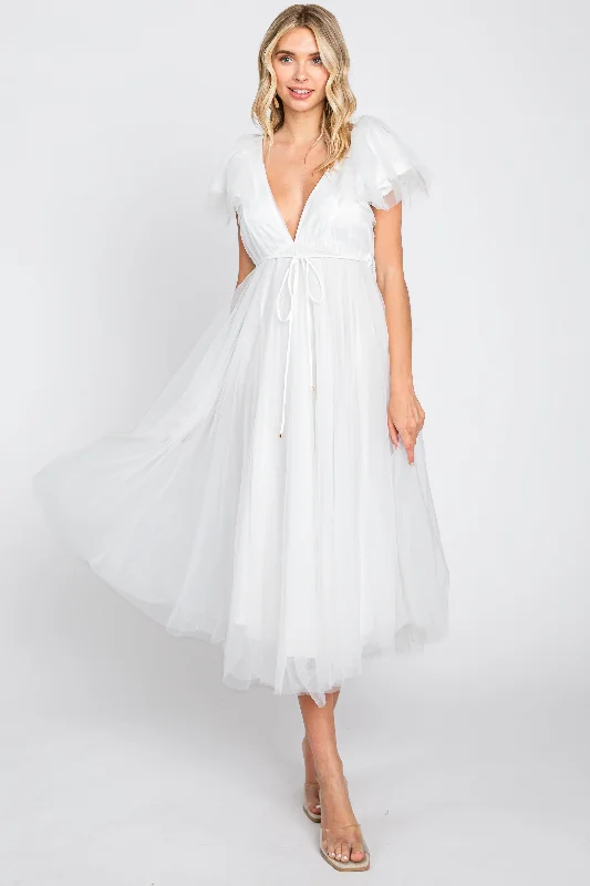 Women's midi dress fam chic -White Tulle V-Neck Flutter Sleeve Midi Dress