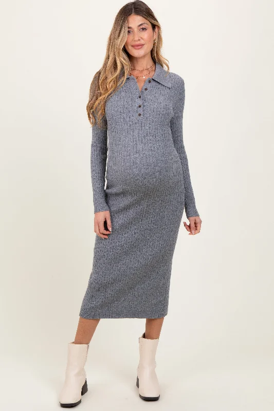 Women's midi dress free flair -Heather Grey Cable Knit Button Up Maternity Midi Dress