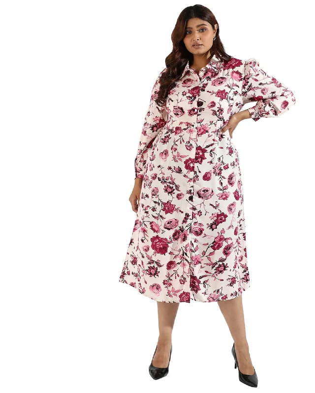 ladies-floral-dress-elastic-essence-Women Floral Button Down  Dresses | Pink