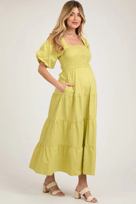 Women's floral dress lax glow -Light Olive Smocked Square Neck Puff Sleeve Tiered Maternity Maxi Dress