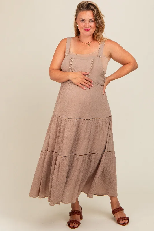 Women's midi dress band pop -Taupe Front Pocket Tiered Overall Maternity Plus Midi Dress