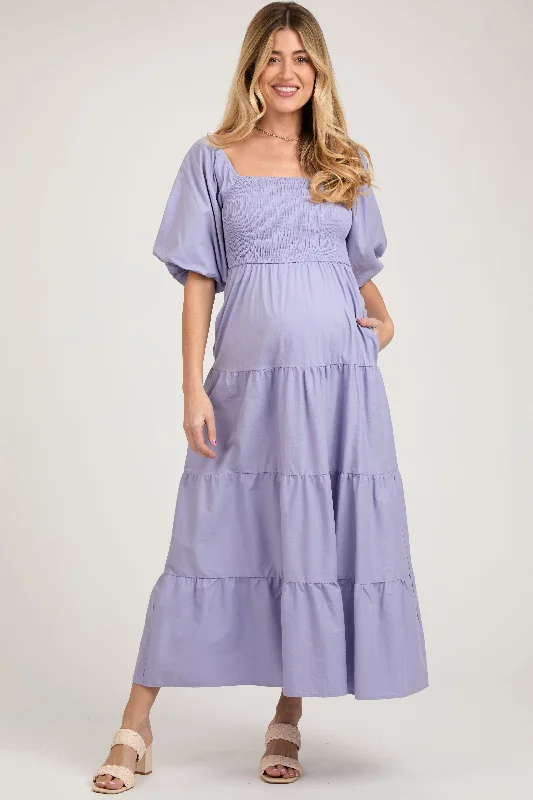 Women's floral dress mist pop -Lavender Smocked Square Neck Puff Sleeve Tiered Maternity Maxi Dress