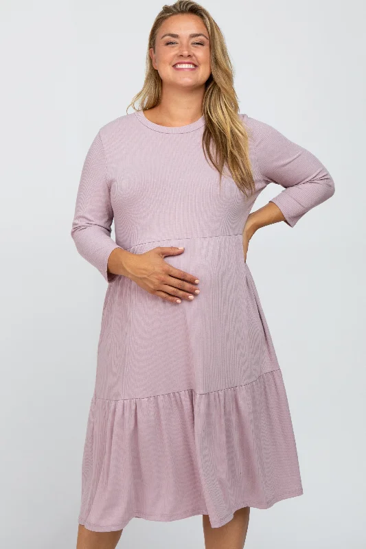 Women's midi dress rise glow -Lavender Tiered Ribbed 3/4 Sleeve Plus Maternity Midi Dress