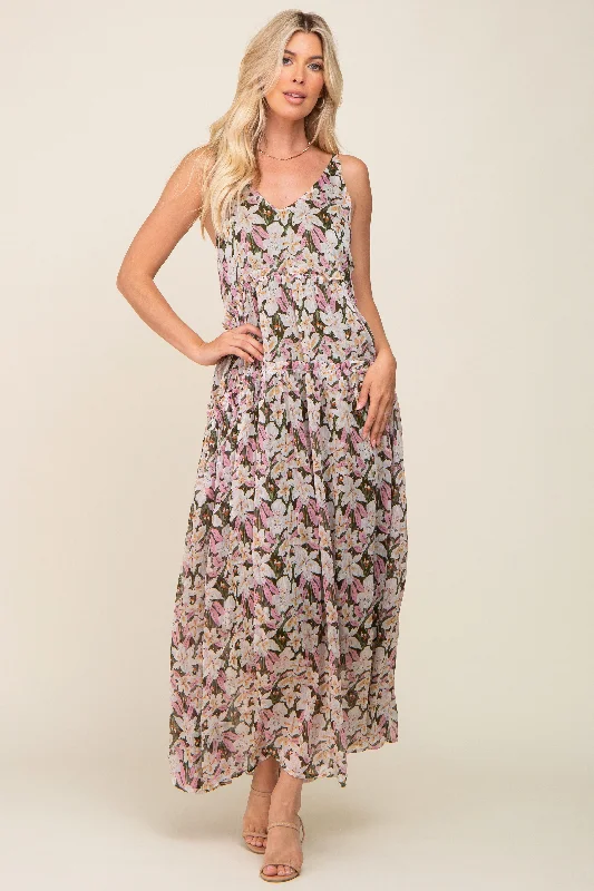 Women's floral dress shine pop -Pink Floral Chiffon Sleeveless Maxi Dress