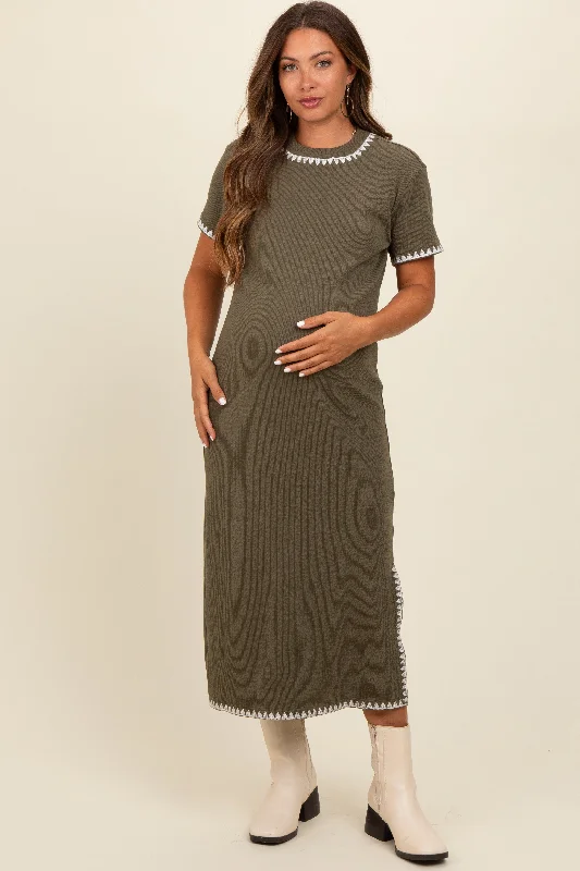 Women's midi dress bud chic -Olive Green Ribbed Embroidered Trim Short Sleeve Maternity Midi Dress