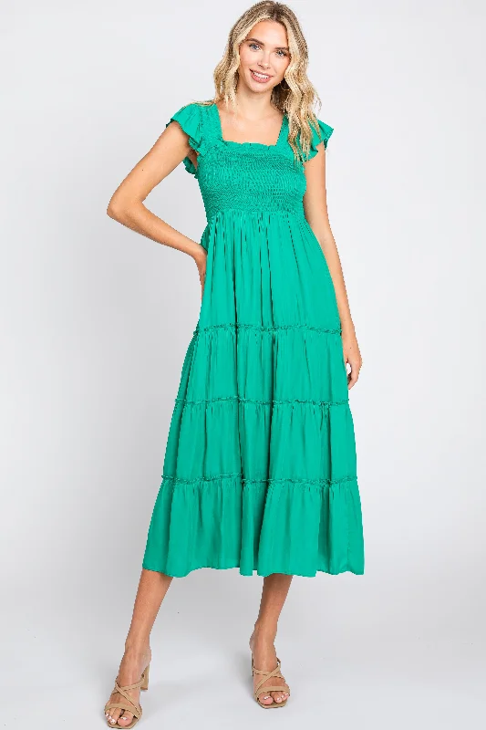 Women's midi dress rest pop -Green Satin Square Ruffle Neck Smocked Sleeveless Midi Dress