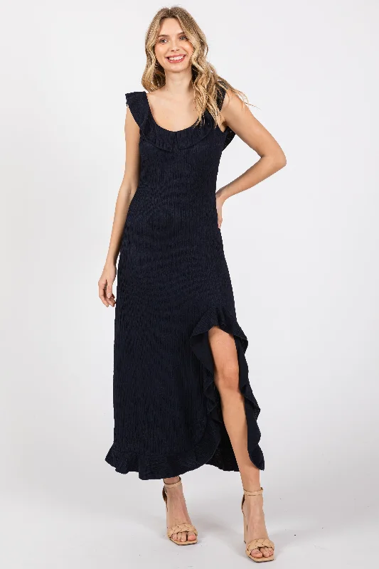 Women's floral dress bit chic -Navy Textured Sleeveless Ruffle Slit Maxi Dress