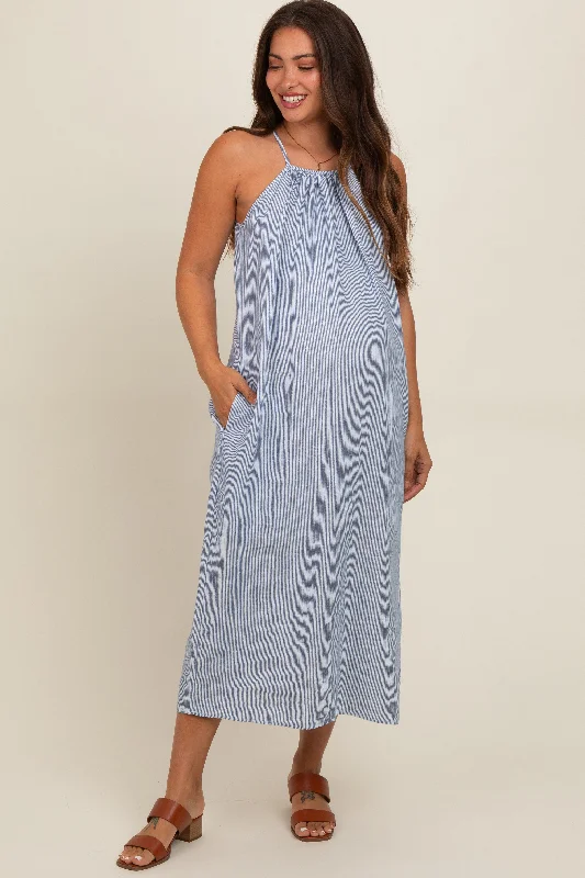 Women's midi dress rich pop -Blue Striped Linen Maternity Midi Dress