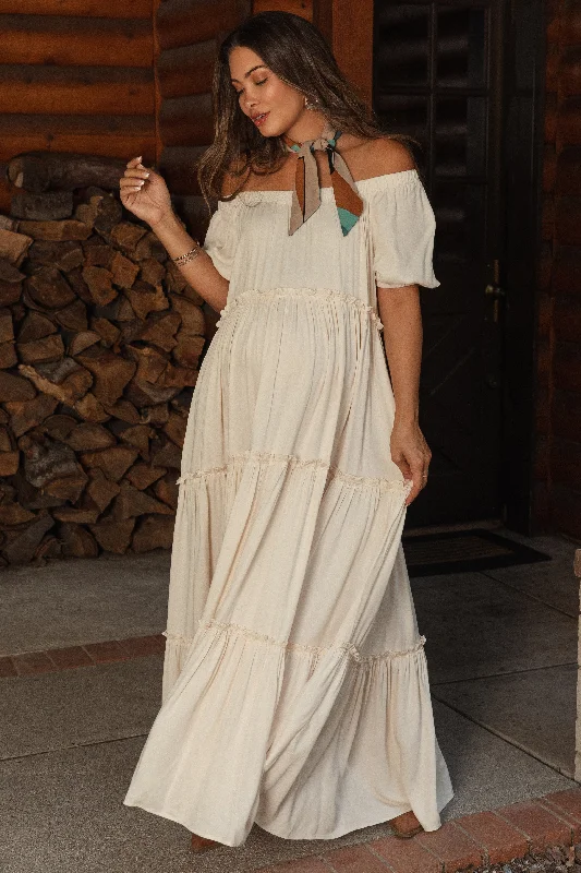 Women's floral dress lush glow -Cream Off Shoulder Ruffle Tiered Maternity Maxi Dress