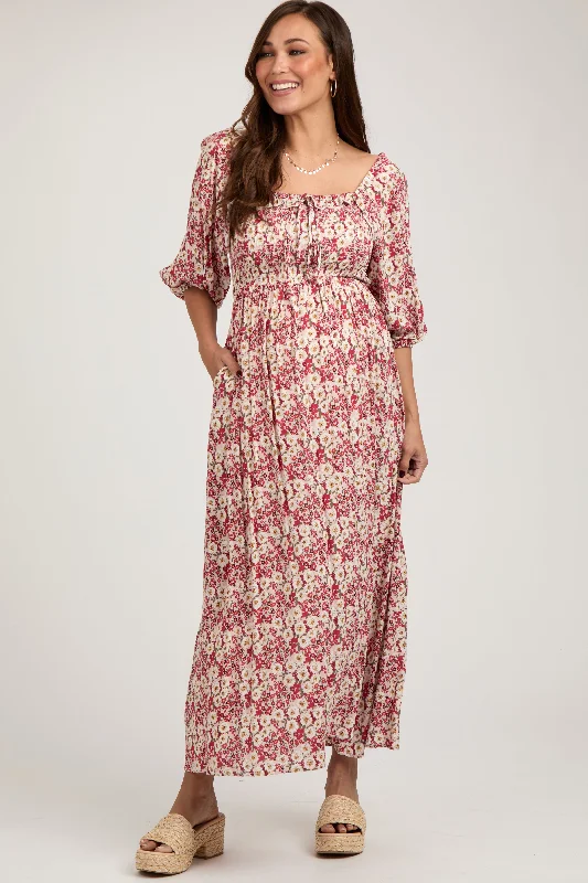 Women's floral dress neat pop -Red Abstract Floral Smocked Maternity Maxi Dress