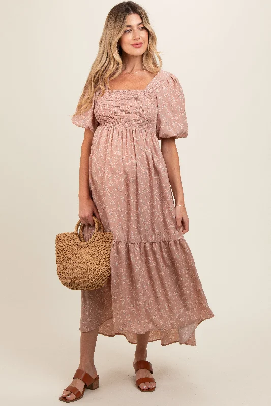 Women's midi dress mama flair -Light Pink Floral Smocked Square Neck Short Puff Sleeve Maternity Midi Dress