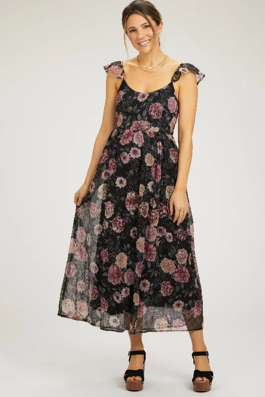 Women's floral dress grit chic -Black Floral Chiffon Back Tie Maternity Maxi Dress