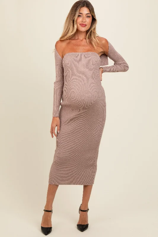 Women's midi dress artsy pop -Taupe Knit Shrug Fitted Maternity Midi Dress