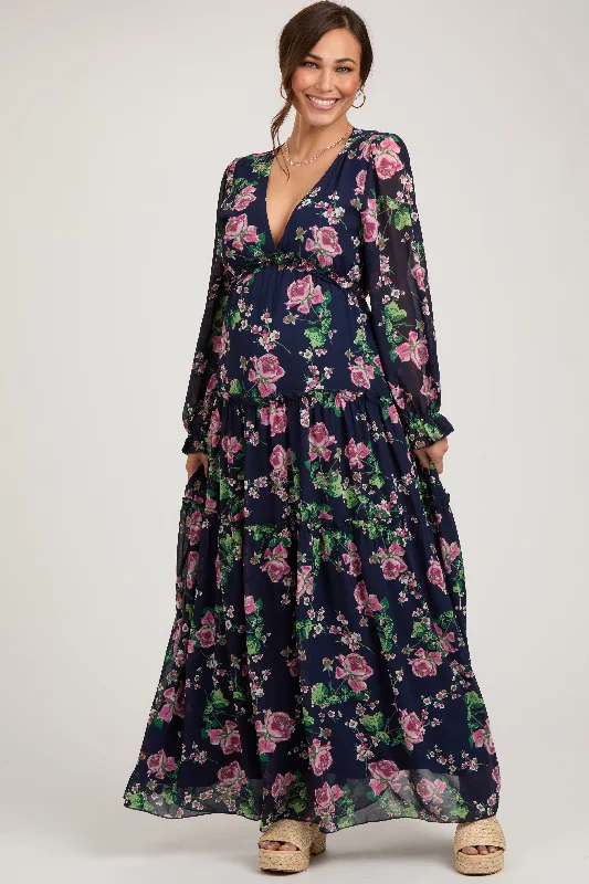 Women's floral dress path chic -Navy Blue Floral Chiffon Ruffle Tiered Maternity Maxi Dress