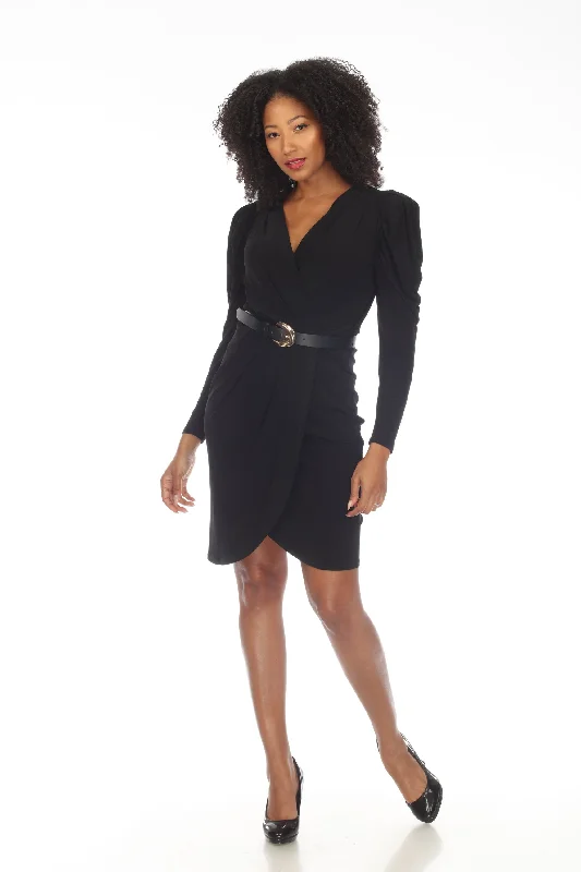 ladies-mini-dress-orchid-oomph-Joseph Ribkoff Black Belted Draped Faux Wrap Mini Dress 233075