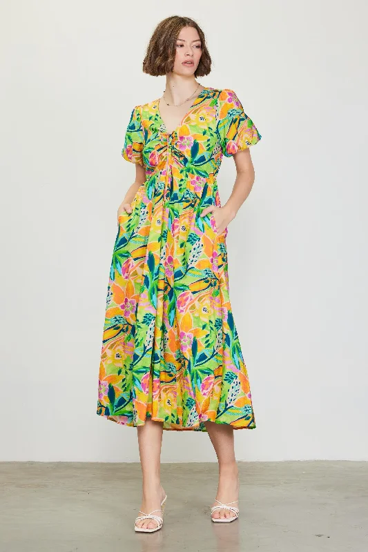 Women's midi dress silk flair -Lime Floral Puff Sleeve Midi Dress