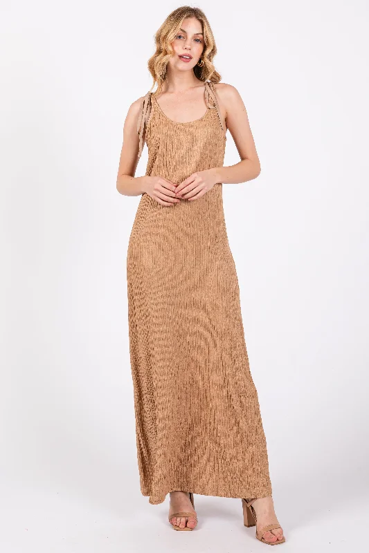 Women's midi dress town glow -Mocha Textured Tie Strap Midi Dress